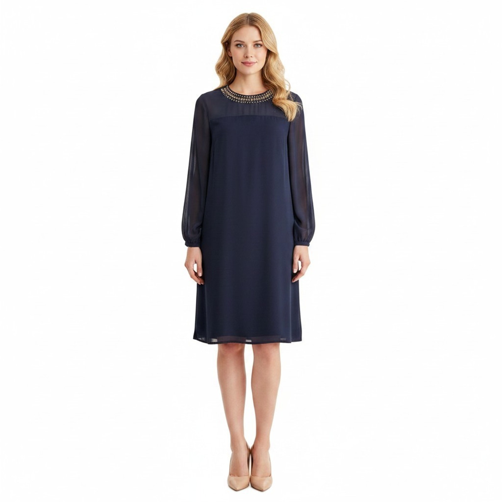 Frank Lyman Design Navy Beaded Chiffon Dress Nwt Size 10 Made In Canada